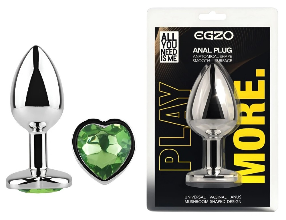 Анальная пробка EGZO Silver Heart Plug M из медицинской стали с зеленым кристаллом в форме сердца - зображення 1