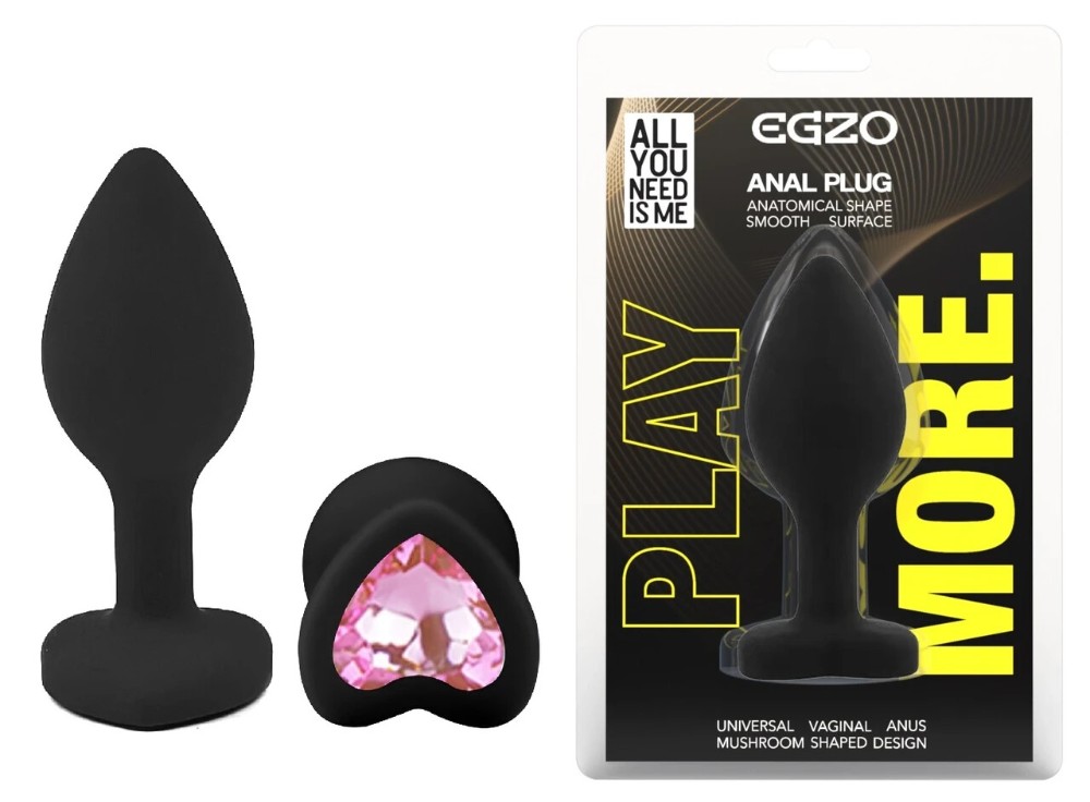 Анальная пробка EGZO Black Heart Plug S, черная силиконовая с розовым кристаллом - зображення 1