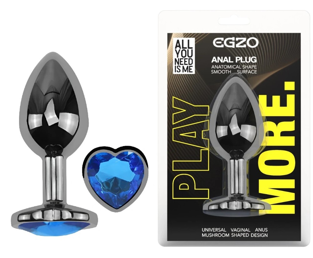 Анальная пробка EGZO Dark Silver Heart Plug M из стали с синим кристаллом - зображення 1