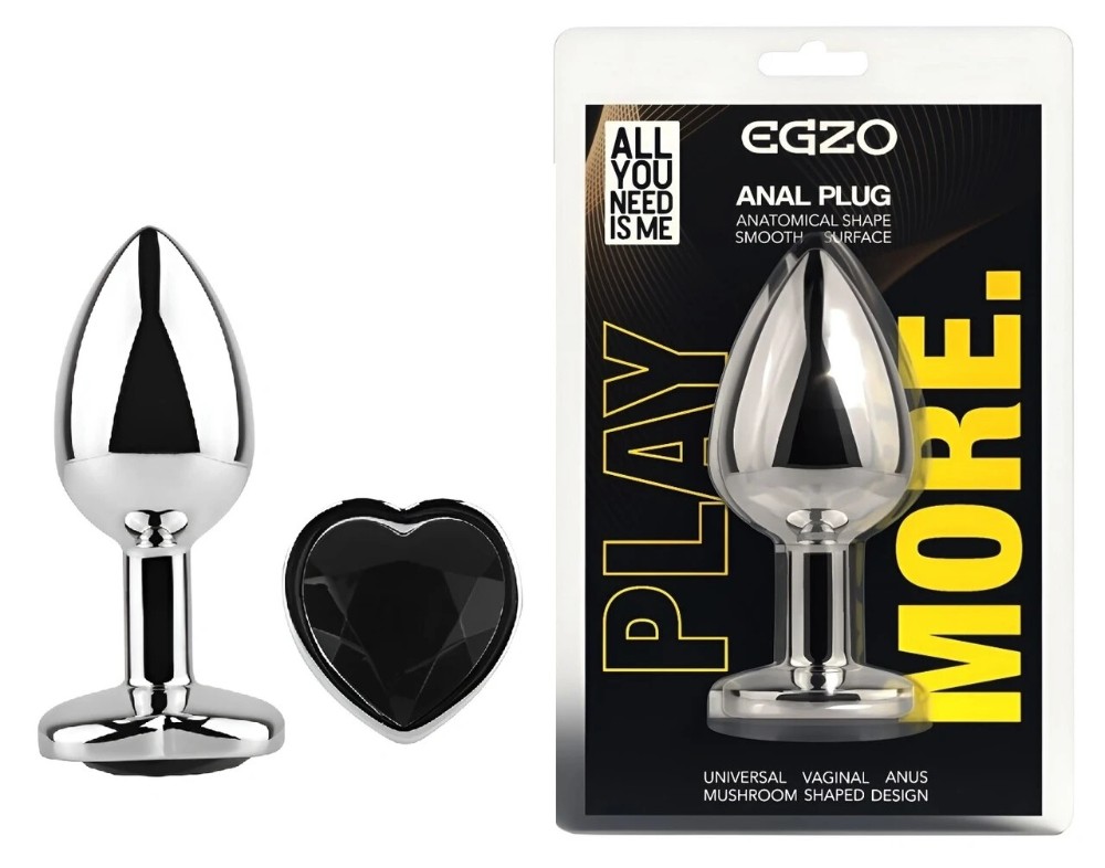 Анальная пробка EGZO Silver Heart Plug Black S металлическая серебристая с кристаллом - зображення 1