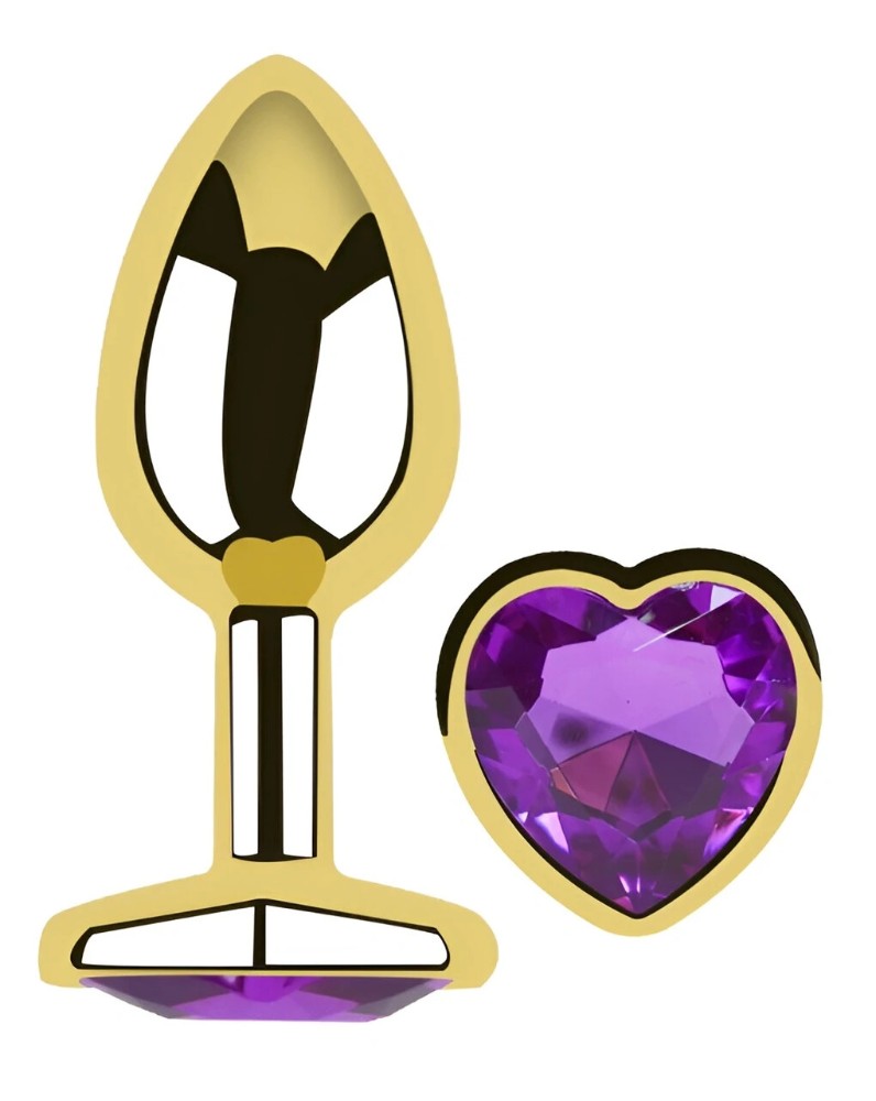Анальная пробка Egzo Gold Heart с фиолетовым кристаллом и сердцем, размер M - зображення 1