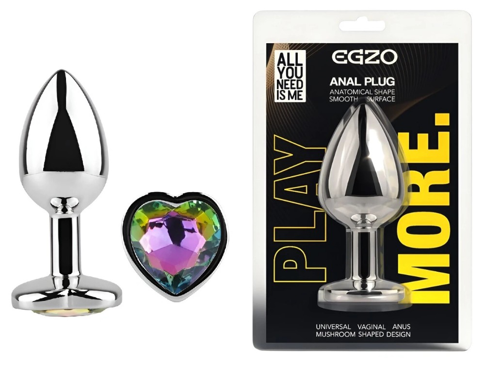 Анальная пробка EGZO Silver Heart Plug Rainbow M, серебряная, с радужным кристаллом - зображення 1
