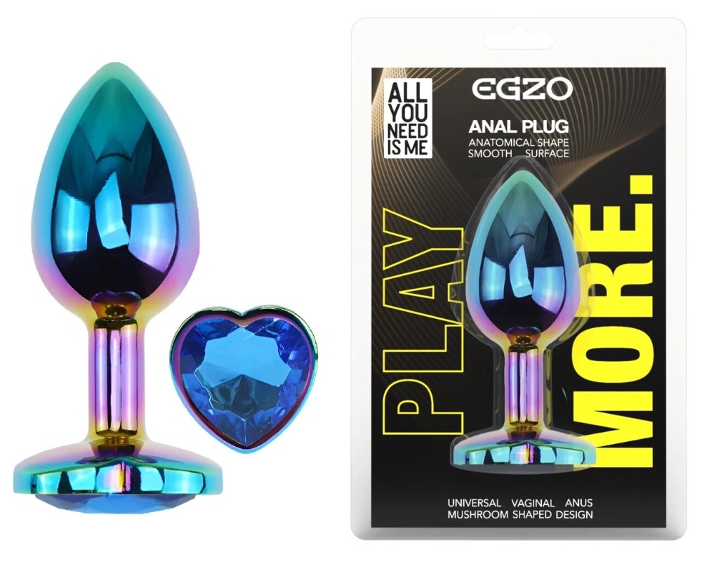 Анальная пробка EGZO Multicolor Heart с синим кристаллом, радужная, размер M - зображення 1