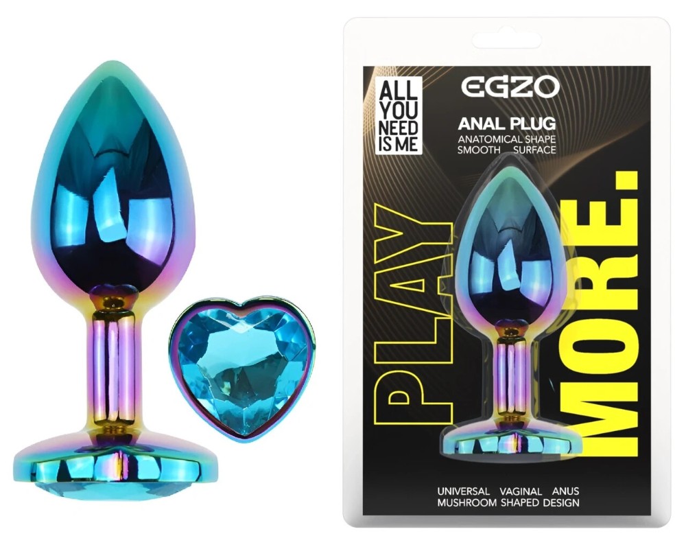 Анальная пробка EGZO Multicolor Heart Plug M с голубым кристаллом, металлическая - зображення 1