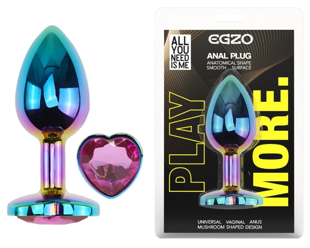 Анальная пробка EGZO Multicolor Heart Plug M с розовым кристаллом, радужная сталь - зображення 1