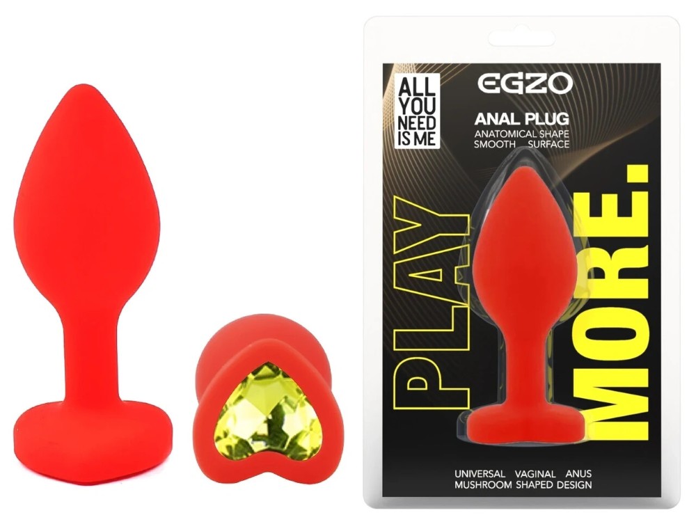 Анальная пробка EGZO Silicone Red Heart Plug S, красная, с синим сердцем - зображення 1