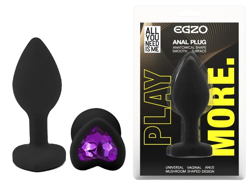 Анальная пробка EGZO Black Heart Plug S с фиолетовым кристаллом, медицинский силикон - зображення 1