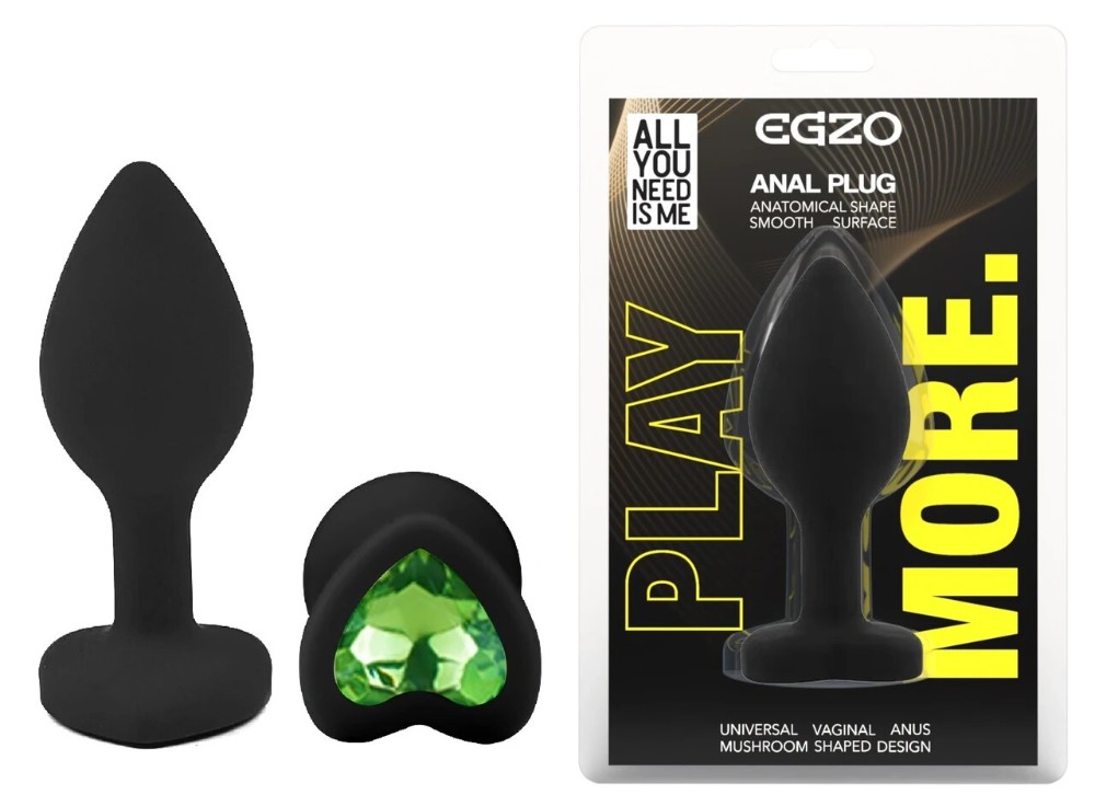 Анальная пробка EGZO Silicone Black Heart Plug S, черная силиконовая с зеленым кристаллом - зображення 1