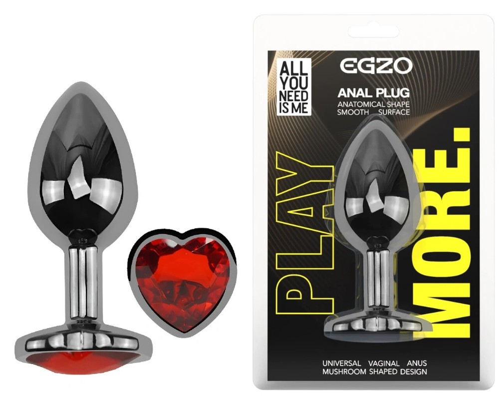 Анальная пробка EGZO Dark Silver Heart Plug с красным сердцем, металлическая, размер M - зображення 1