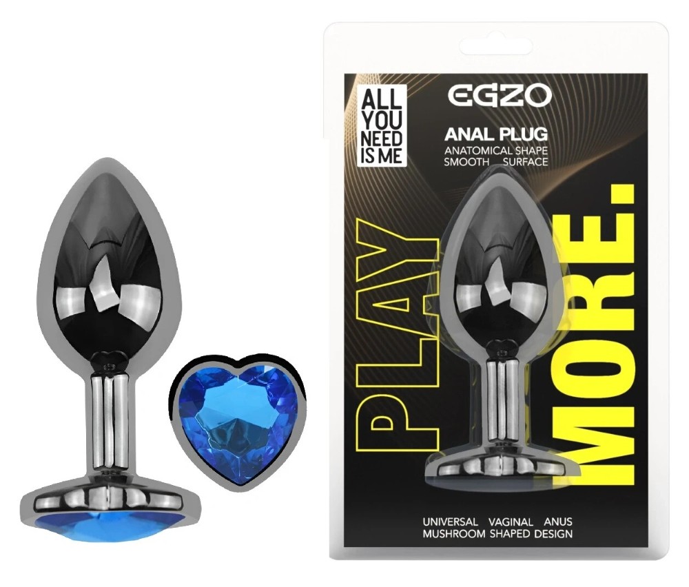 Анальная пробка EGZO Dark Silver Heart Plug S металлическая с синим кристаллом - зображення 1