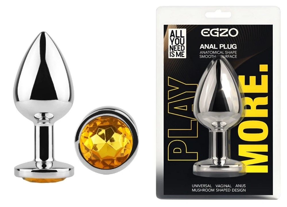 Анальная пробка EGZO Silver Round Plug M, нержавеющая сталь, желтый кристалл - зображення 1