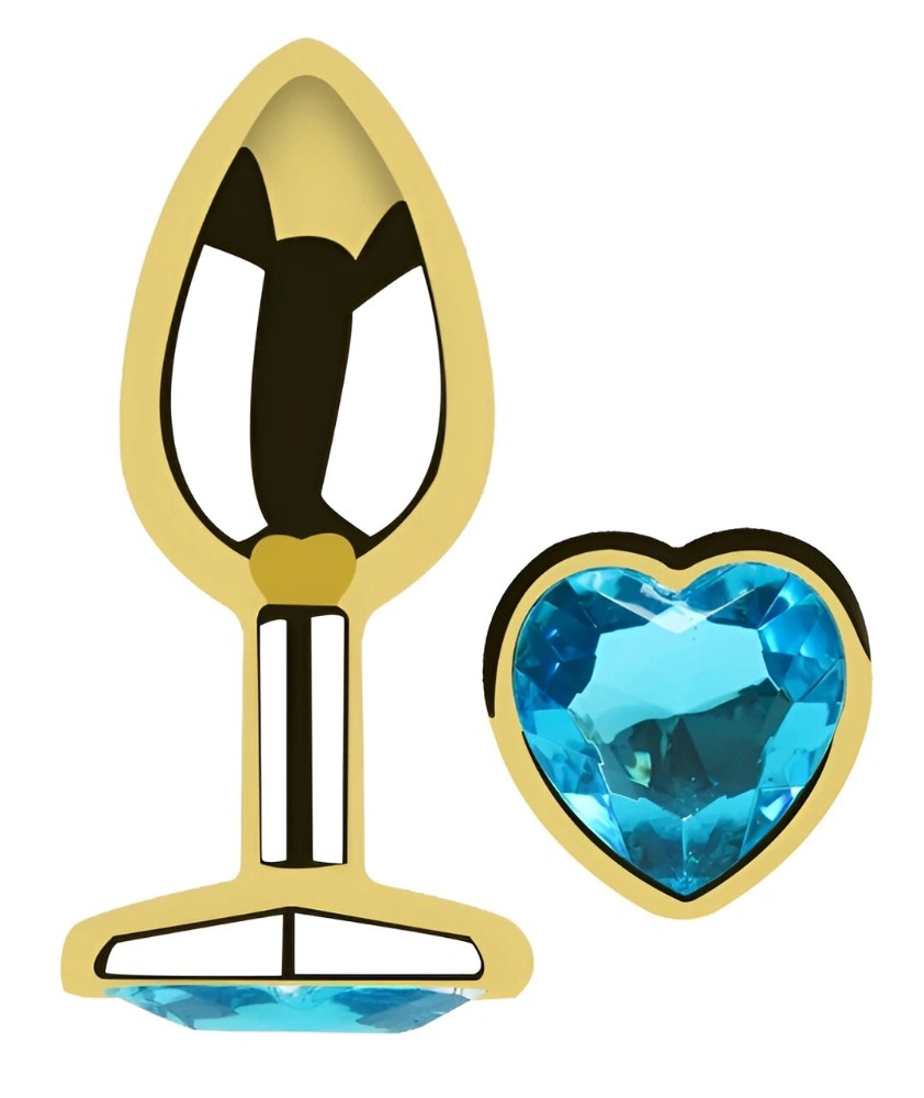 Анальная пробка Egzo Gold Heart Plug Aqua M с голубым кристаллом и широкой основой - зображення 1