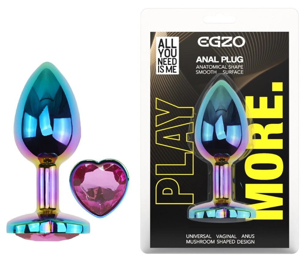 Анальная пробка EGZO Multicolor Heart Plug S с розовым кристаллом, металлическая, 70 мм - зображення 1