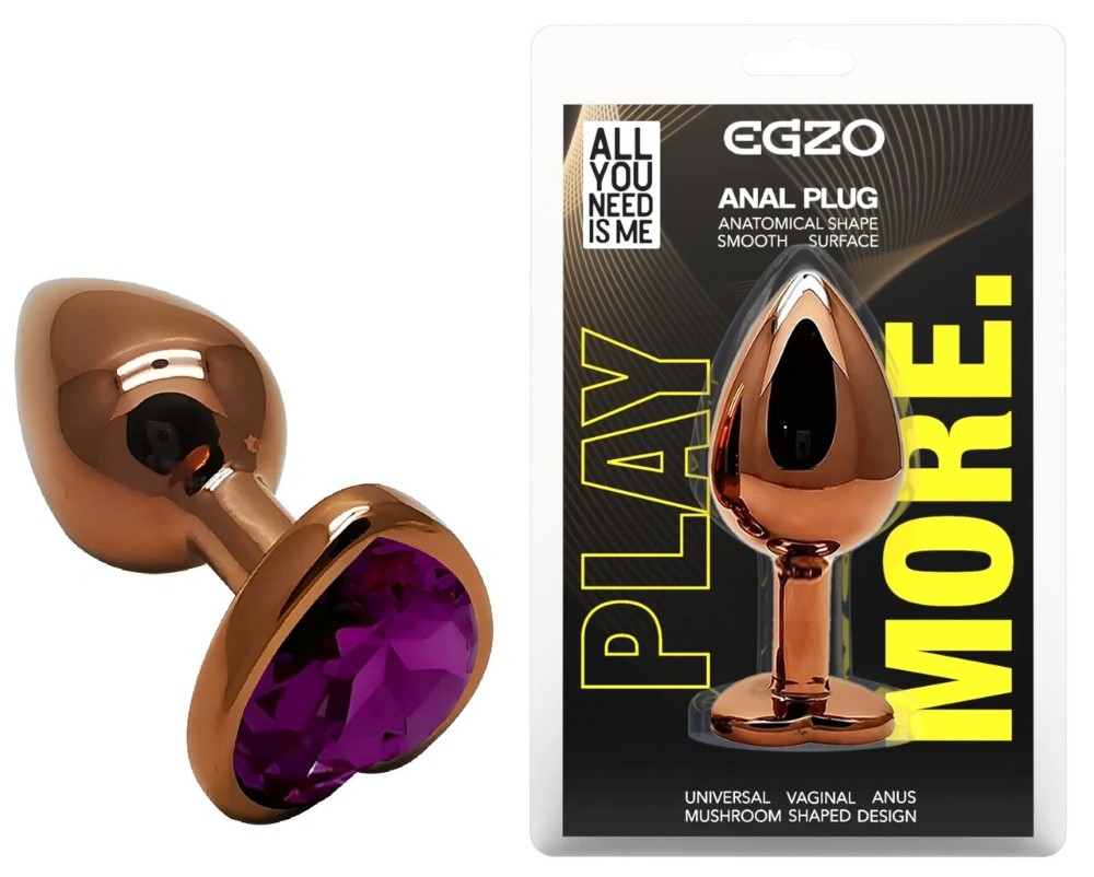Анальная пробка EGZO Dark Gold Heart Plug Purple S, металлическая с фиолетовым кристаллом - зображення 1