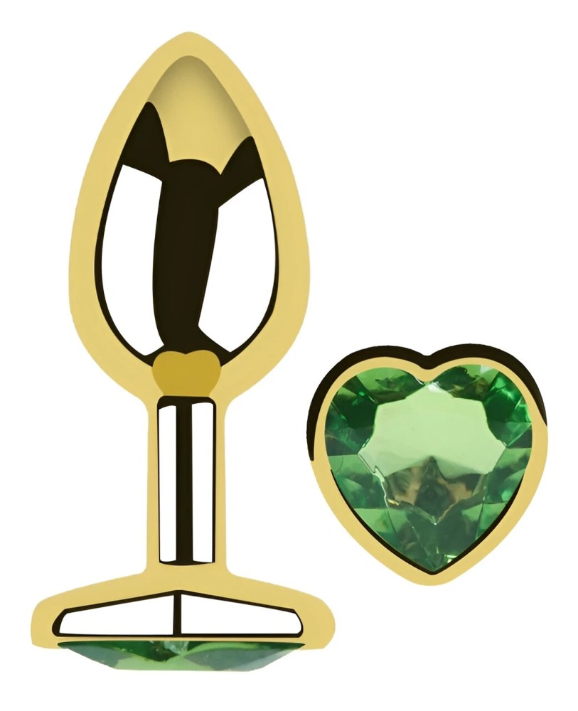 Анальная пробка Egzo Gold Heart Plug с зеленым кристаллом, золотая, размер M - зображення 1