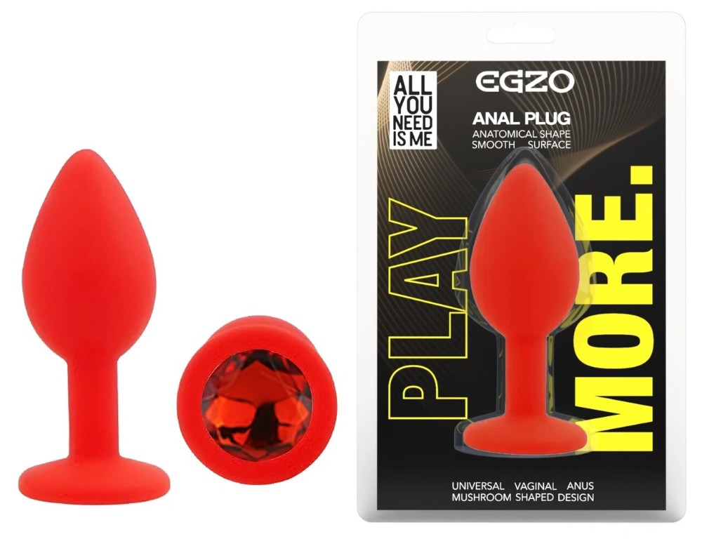 Анальная пробка EGZO Silicone Round Plug S, красная с зеленым кристаллом, медицинский силикон - зображення 1