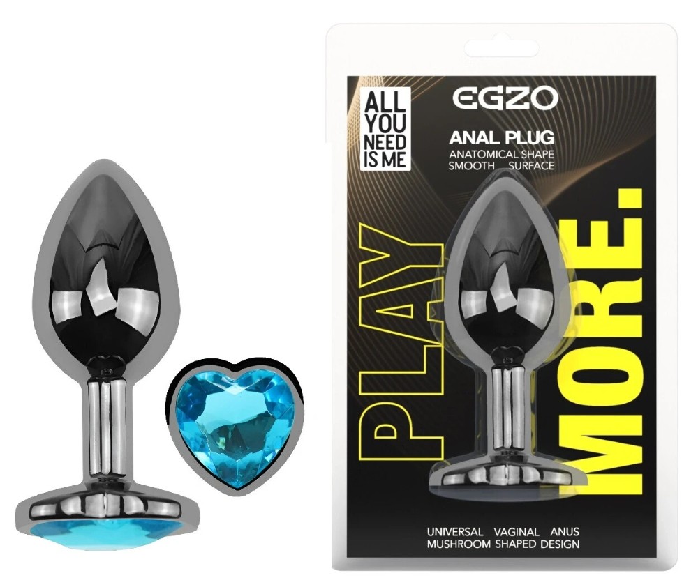 Анальная пробка EGZO Dark Silver Heart Plug Aqua S металлическая с кристаллом - зображення 1