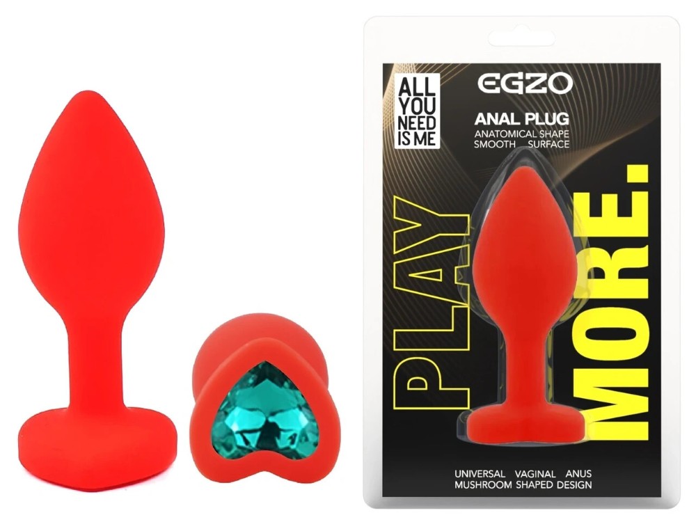 Анальная пробка EGZO Silicone Red Heart Plug S с фиолетовым кристаллом, красная - зображення 1