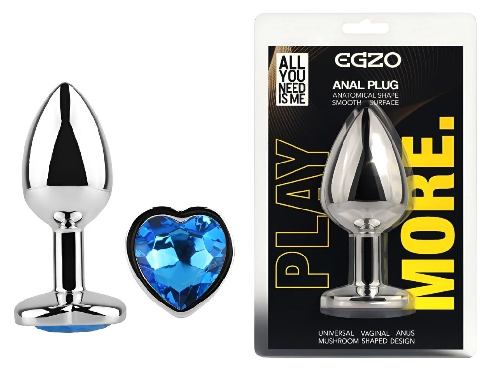 Анальная пробка EGZO Silver Heart Plug Blue M, анатомическая, с голубым кристаллом - зображення 1