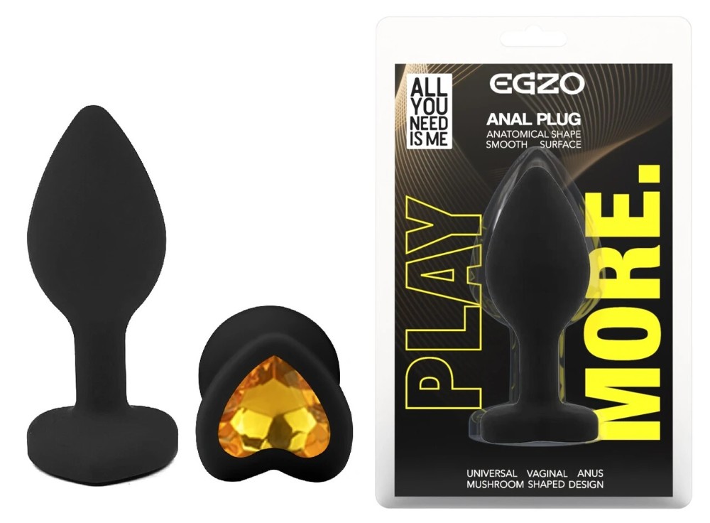 Анальная пробка EGZO Silicone Black Heart Plug S, черный силиконовый плаг с желтым сердцем - зображення 1