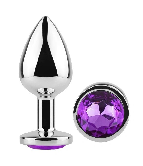 Анальная пробка EGZO Silver Round Plug S из медицинской стали с фиолетовым кристаллом - зображення 1