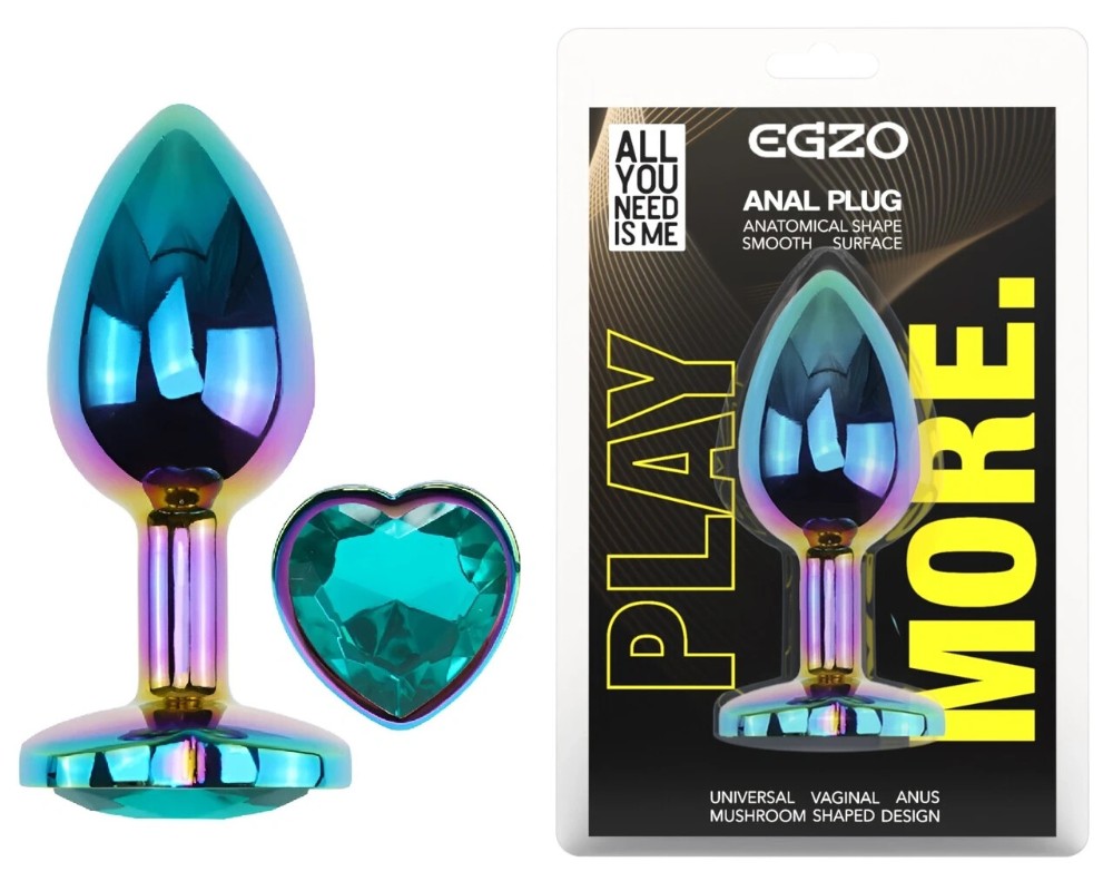 Анальная пробка EGZO Multicolor Heart Plug M с кристаллом, радужное покрытие - зображення 1