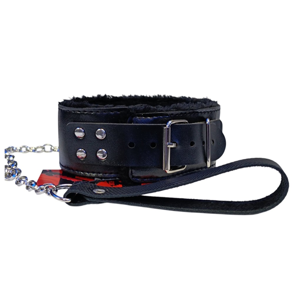 Мягкий черный ошейник "Love leash" с цепочкой-поводком и удобным черным держателем Экокожа-металл - зображення 1