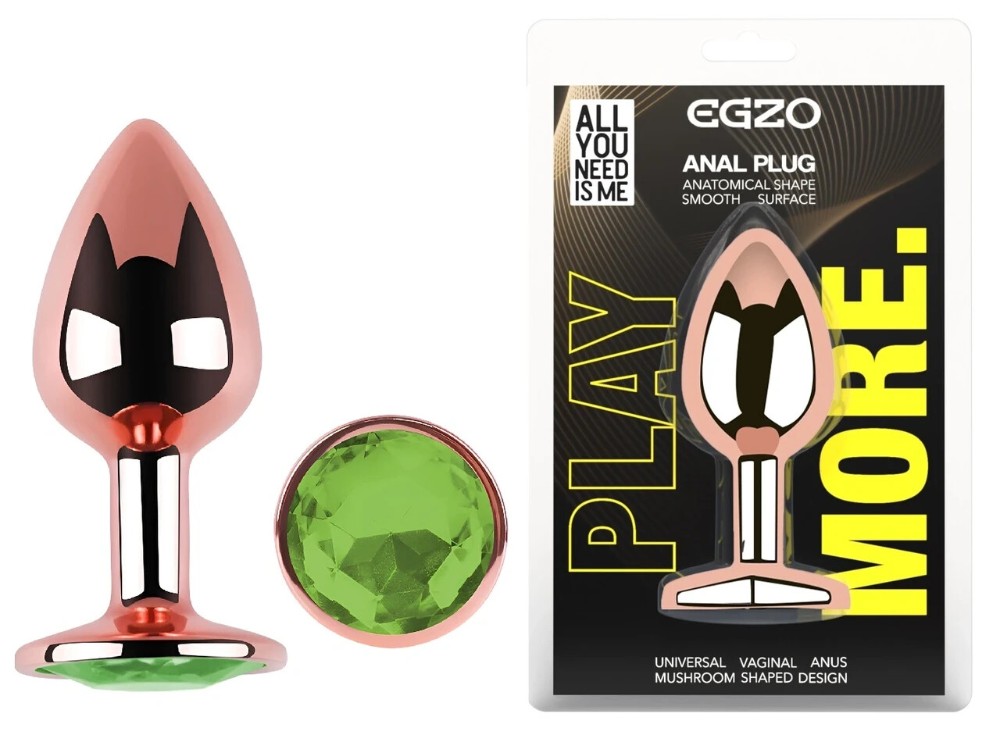Анальная пробка EGZO Rose Gold M с зелёным кристаллом, металлическая гладкая, для длительного ношения - зображення 1