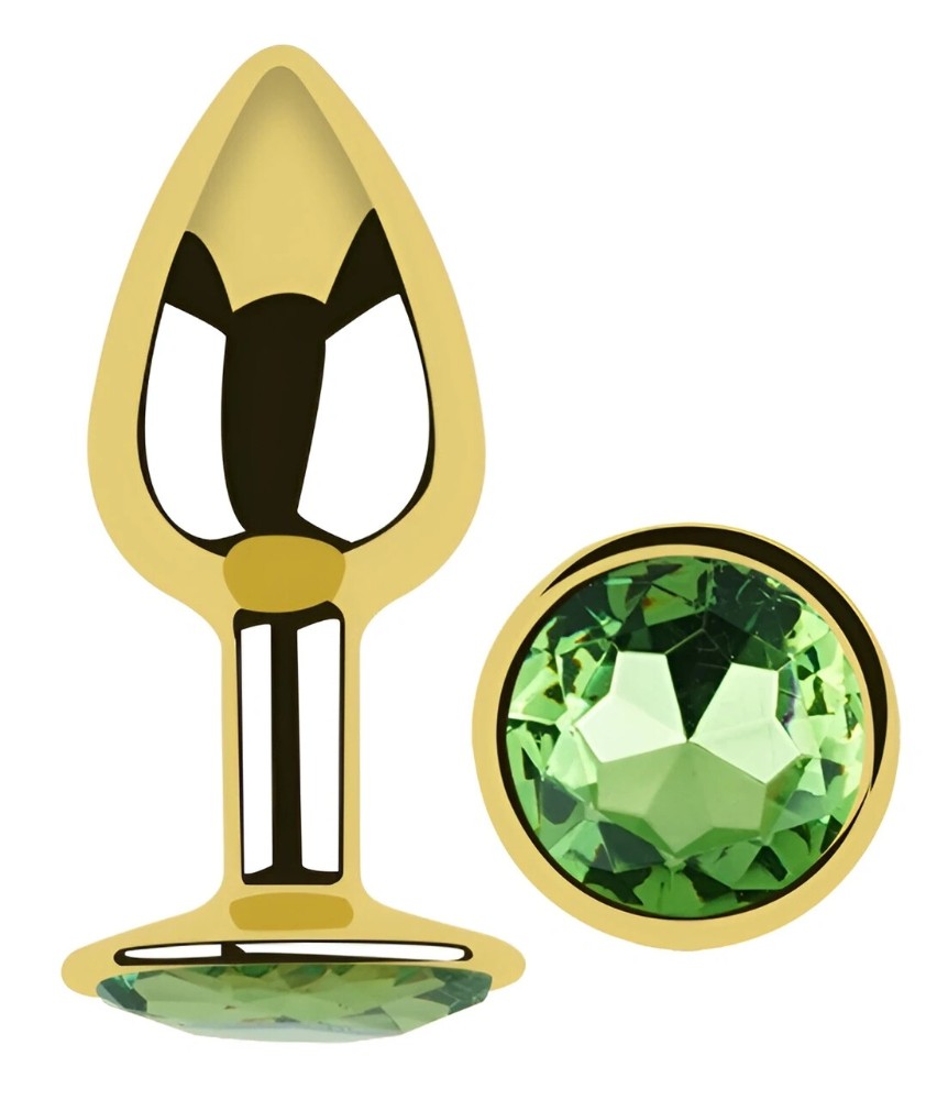 Анальная пробка EGZO Gold Round Plug S с зелёным кристаллом, металлическая для длительного ношения - зображення 1