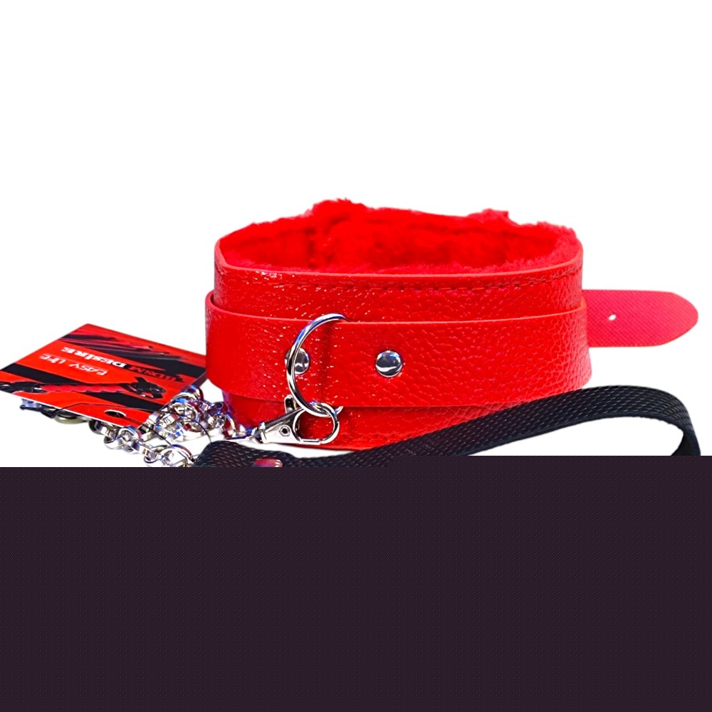 Мягкий красный ошейник "Love leash" с цепочкой-поводком и удобным черным держателем Экокожа-металл - зображення 1