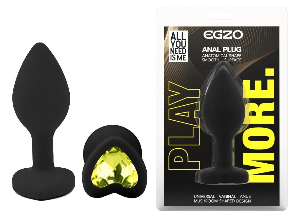 Анальная пробка EGZO Silicone Heart Plug S, черный силикон, лаймовый кристалл в форме сердца - зображення 1