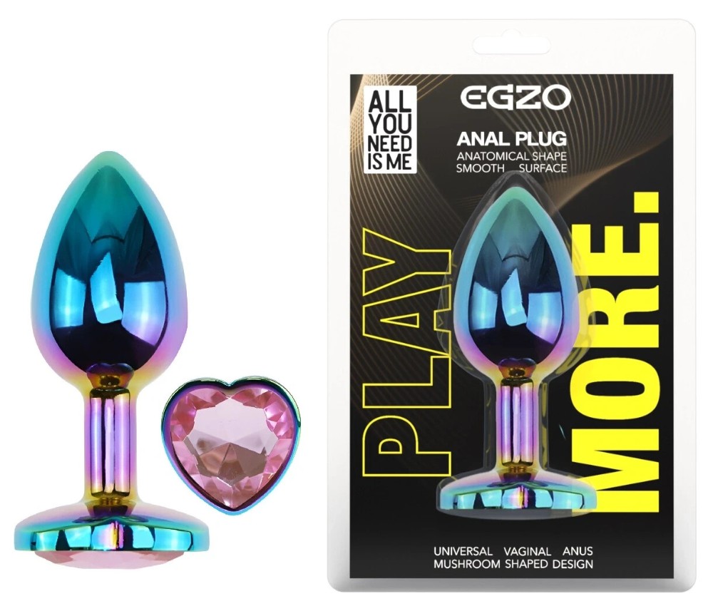 Анальная пробка EGZO Multicolor Heart Plug S с розовым кристаллом, радужный металл - зображення 1
