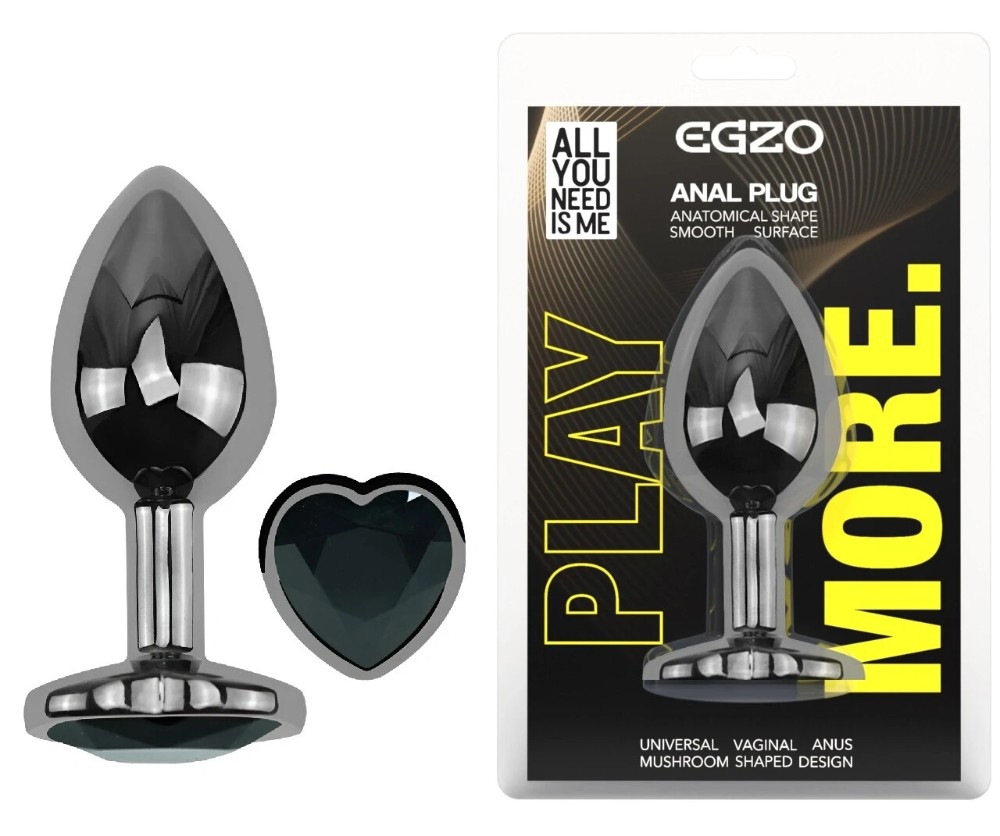 Анальная пробка EGZO Dark Silver Heart Plug черная стальная с кристаллом, размер M - зображення 1