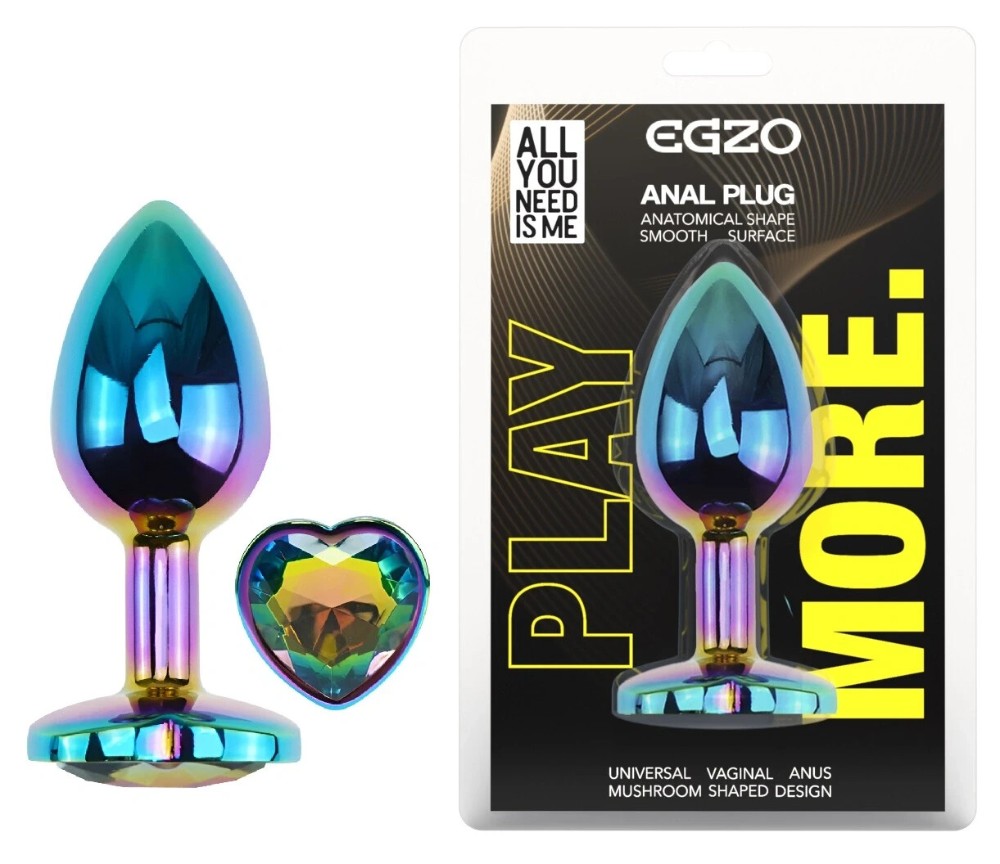 Анальная пробка EGZO Multicolor Heart Plug S с радужным кристаллом, стальная - зображення 1