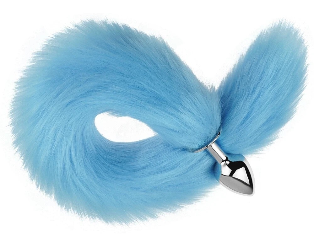 Анальная пробка EGZO Fox Tail Silver Plug, серебристая, голубой хвост, размер S - зображення 1